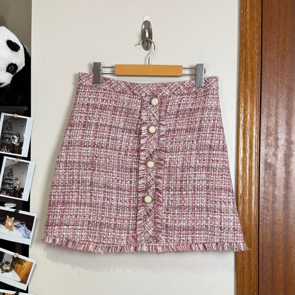 ROSE UNIVERSE Skirt Women Size Large Pink Tweed Woven Fringe Trim Faux Pearl - Picture 2 of 11